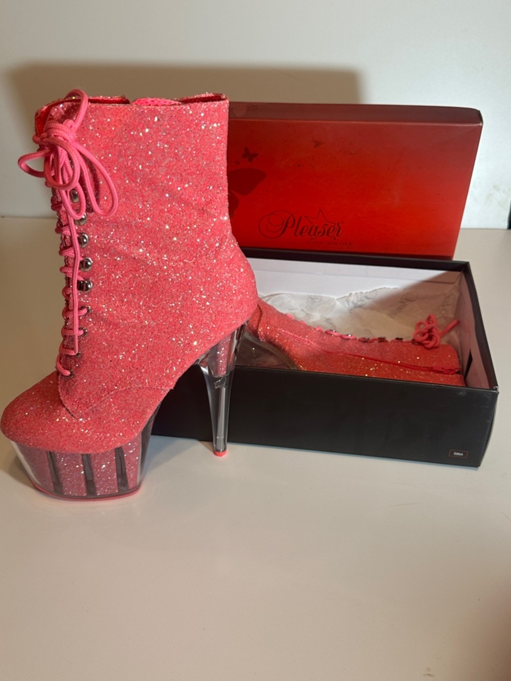 Pleaser Pink Glitter Lace-Up Platform Ankle Boots